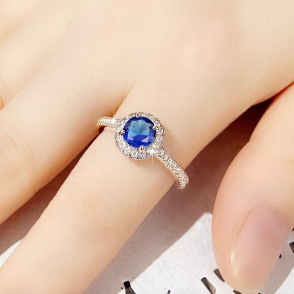 NEW 14k White Gold Sapphire Diamond Ring Halo Round Cut - Picture 8 of 8